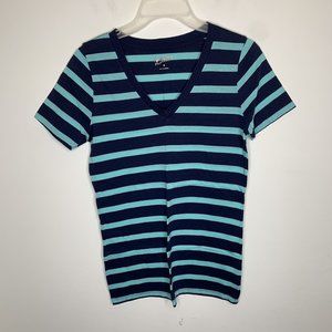 Arizona Jeans Womens M Blue Striped Short Sleeve V Neck Shirt